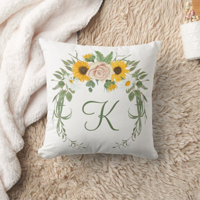 Coussin Monogram Roses Tournesols Verdure Floral Botanique (Couverture)