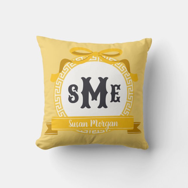 Coussin Monogramme à arc inversé jaune vif à clé grecque (Recto)