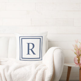 Coussin Monogramme à bordure carrée bleu marine et blanc