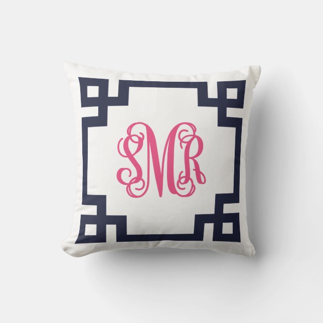 Coussin Monogramme à clé grecque marine et rose - SMR. (Recto)