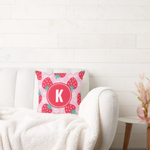 Coussin Monogramme à motif floral de fraises rouges roses