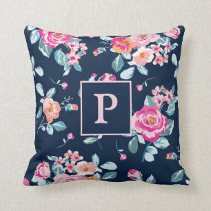 Coussin Monogramme à motif floral de roses roses vibrantes