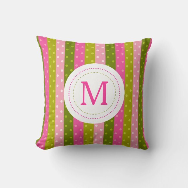 Coussin Monogramme à pointes rose et vert rose (Recto)