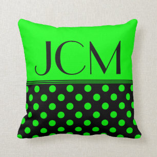 Coussin Monogramme à pois vert citron et noir