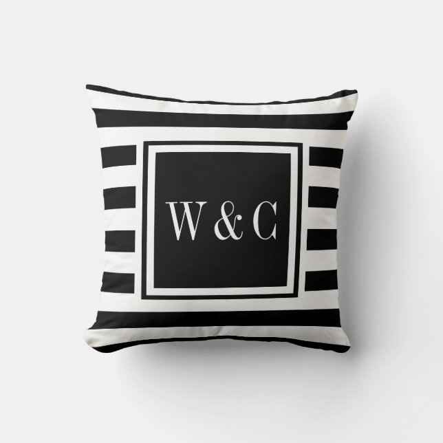 Coussin Monogramme à rayures blanches noires tendance (Recto)