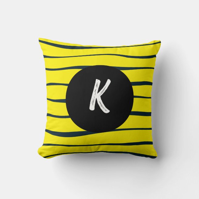 Coussin Monogramme Abstrait de lignes noir et jaune (Recto)