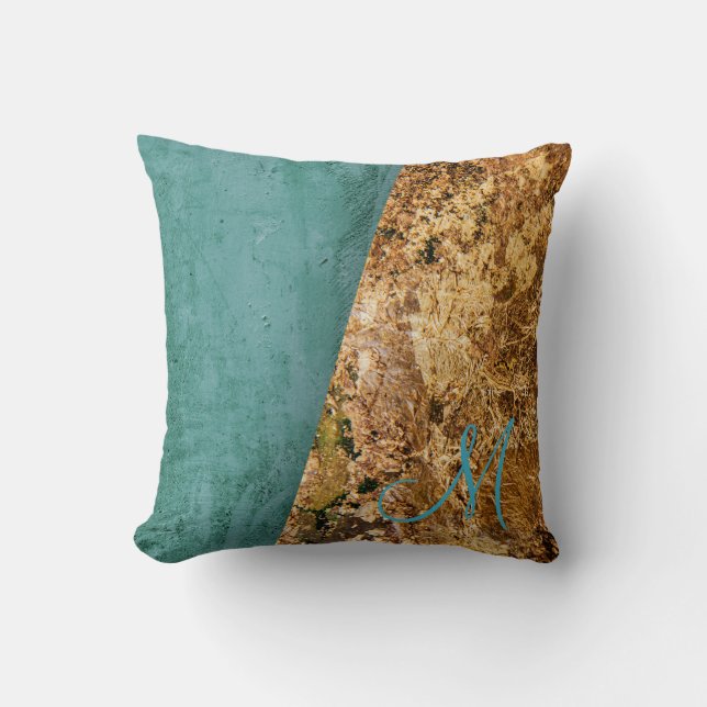 Coussin Monogramme Abstrait Turquoise et Gold (Recto)