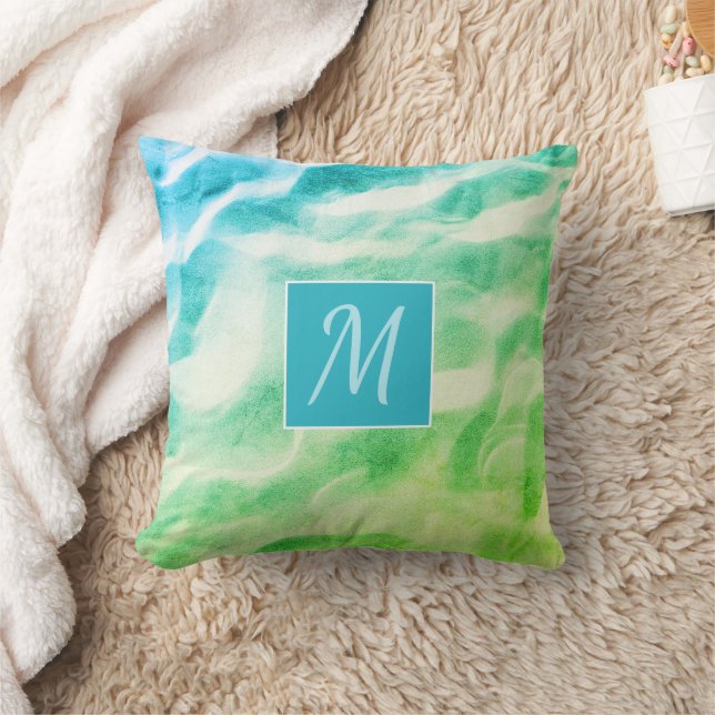 Coussin Monogramme Abstrait Vert Bleu moderne (Couverture)