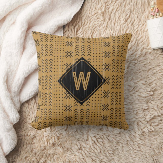 Coussin Monogramme africain en tissu de boue Brown moderne (Couverture)