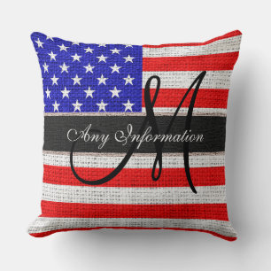 Coussin Monogramme American Flag Burlap Linen Russe Jute