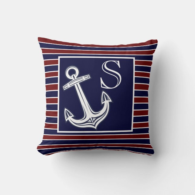 Coussin Monogramme Ancre marine Bleu Maroon rayures (Recto)