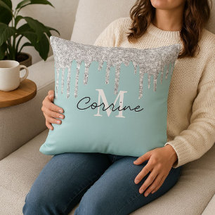 Coussin Monogramme Aqua Blue Foil + Parties scintillant à