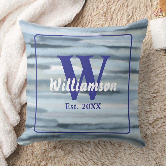 Coussin Monogramme aquarelle bleu gris rayures nautiques (Couverture)