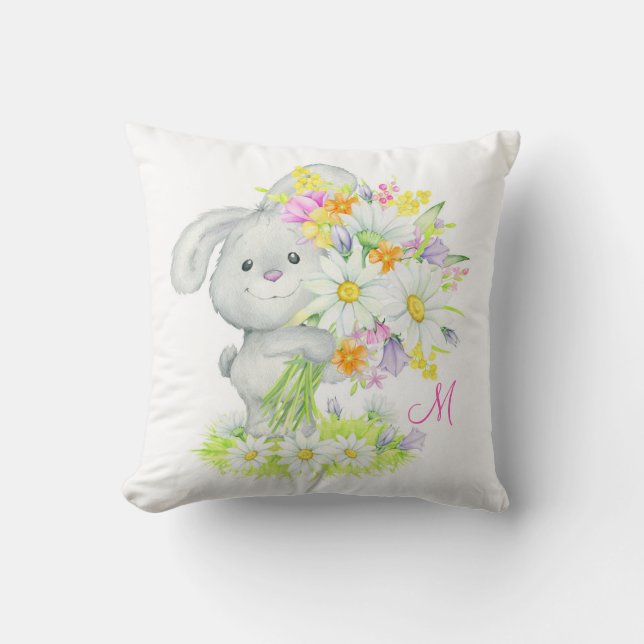 Coussin Monogramme Aquarelle Cute Lapin Floral Lapin Lapin (Recto)