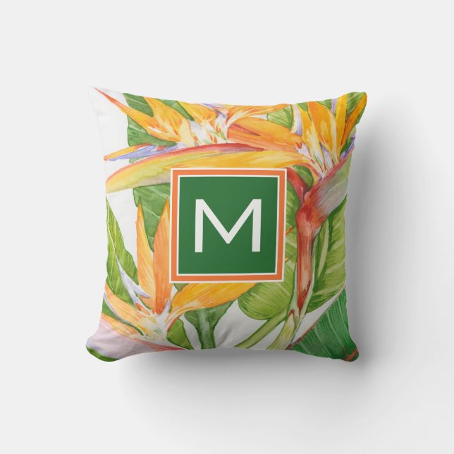 Coussin Monogramme| Aquarelle de fleurs exotiques (Recto)