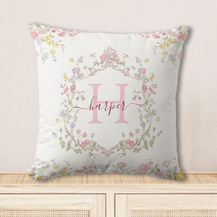 Coussin Monogramme Aquarelle Fleurs Rose Personnalisé