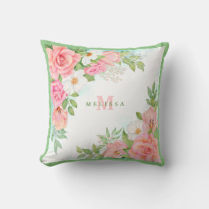 Coussin Monogramme Aquarelle Florale Verdure Rose Rose