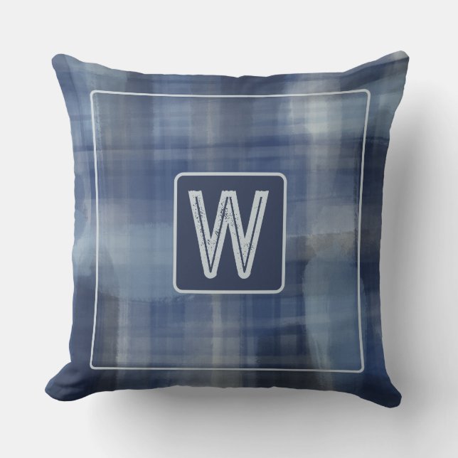 Coussin Monogramme aquarelle plaid bleu marine gris tartan (Recto)