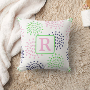 Coussin Monogramme aquarelle rose navy vert motif floral