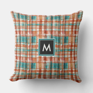Coussin Monogramme aquarelle tartan rouge et vert géométri