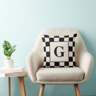 Coussin Monogramme avec crème noire À damiers bordure