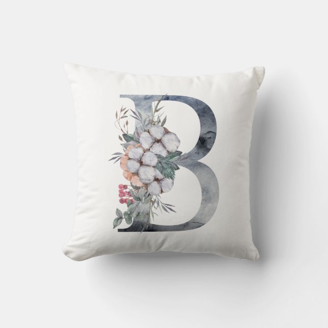 Coussin Monogramme B initiale B, aquarelle bleu pêche rose (Recto)