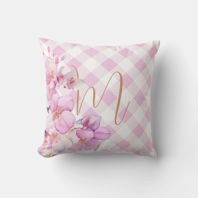 Coussin monogramme blanc en vichy rose classique (Recto)