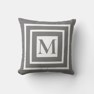 Coussin monogramme blanc encadré gris classique