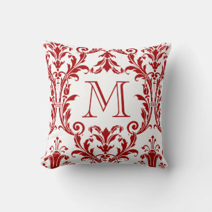 Coussin Monogramme blanc et rouge Damask Floral