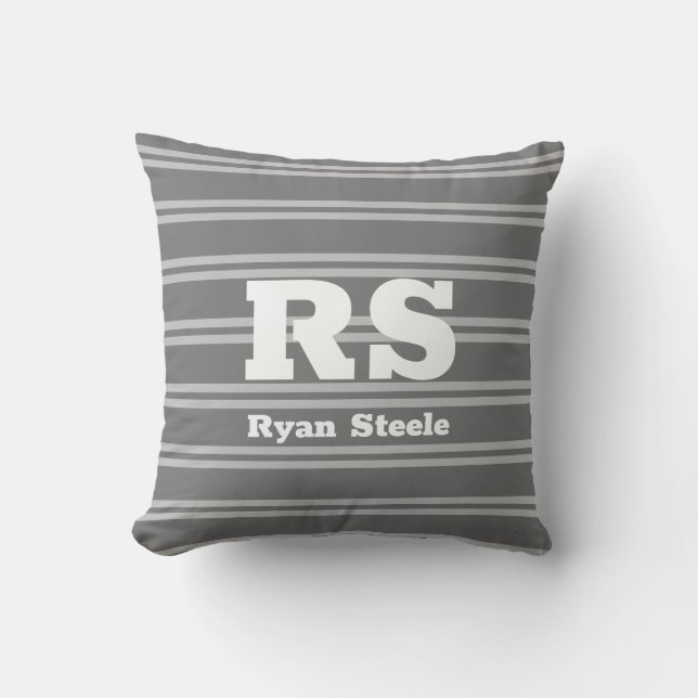 Coussin Monogramme blanc gras & nom, lignes gris clair sur (Recto)