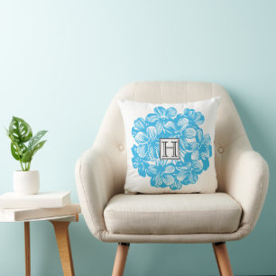 Coussin Monogramme Bleu Botanique Hydrangée Fleurs fleurs