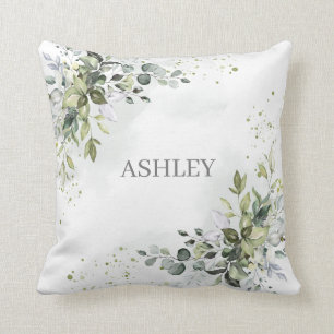 Coussin Monogramme bleu Dusty Aquarelle Nom vert