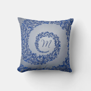 Coussin Monogramme bleu et gris Damas
