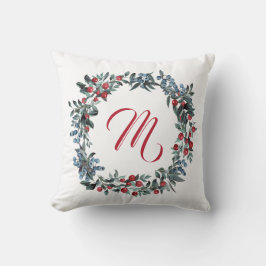 Coussin Monogramme Bleu rouge Baies d'aquarelle
