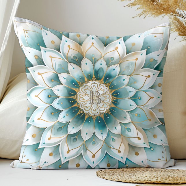 Coussin Monogramme Blue Turquoise or Floral Mandala (Créateur téléchargé)
