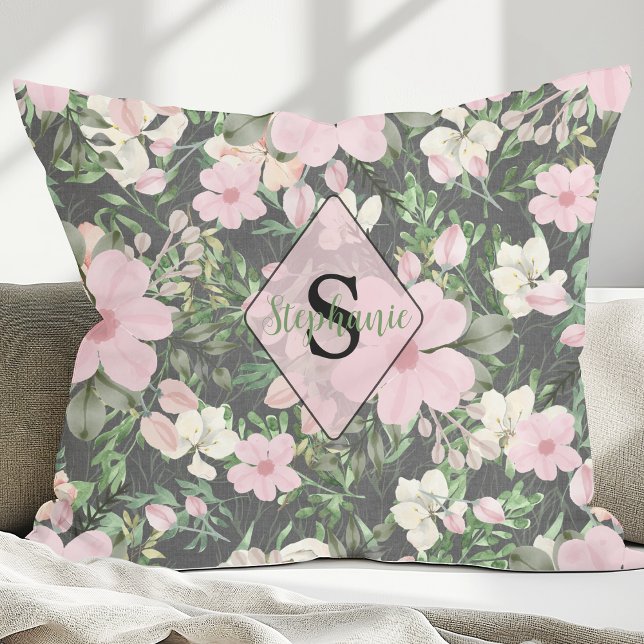 Coussin Monogramme botanique rose vintage (Créateur téléchargé)