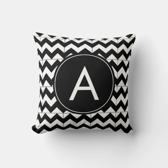 Coussin Monogramme Chevron Noir Blanc Moderne (Recto)