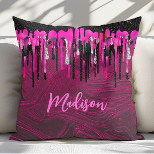 Coussin Monogramme chic en rose vif et paillettes noires