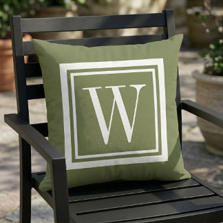 Coussin Monogramme Classique Carré Vert Olive et Blanc