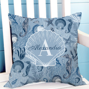 Coussin Monogramme côtier bleu vie marine océanique