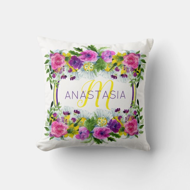 Coussin Monogramme d’aquarelle du dimanche de la fête des  (Recto)