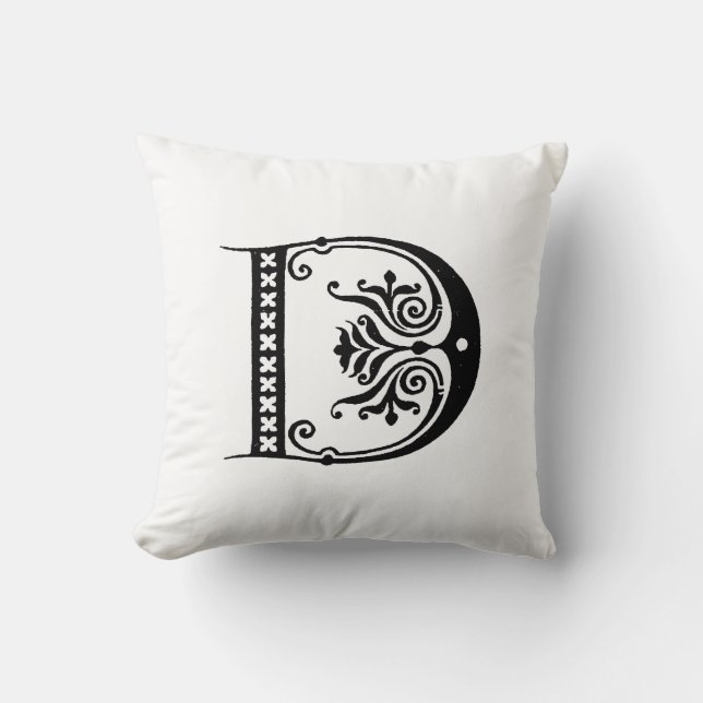 Coussin Monogramme D Modèle floral noir et blanc initial (Recto)