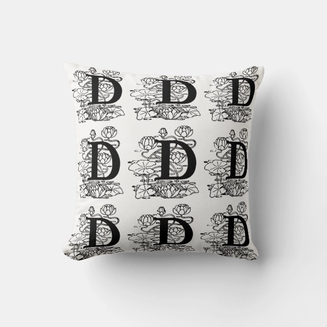 Coussin Monogramme D Modèle floral noir et blanc initial (Recto)