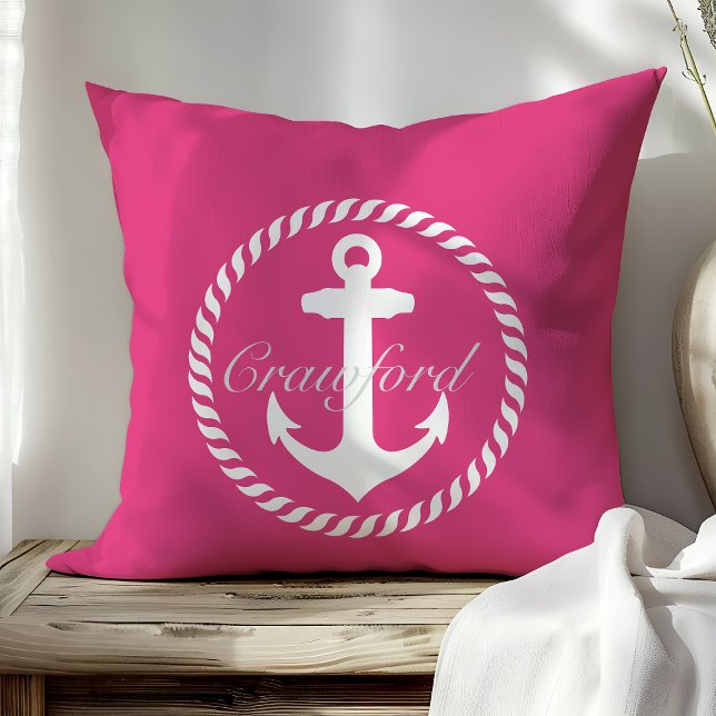 Coussin Monogramme d'Ancre nautique rose et blanc chaud Pr (Créateur téléchargé)