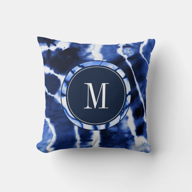 Coussin Monogramme d'aquarelle Shibori Indigo Blue Tie Dye (Recto)