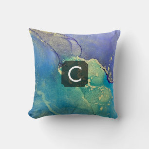 Coussin Monogramme d'art abstrait bleu violet et or