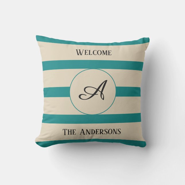 Coussin Monogramme de bienvenue Nom de famille Turquoises  (Recto)