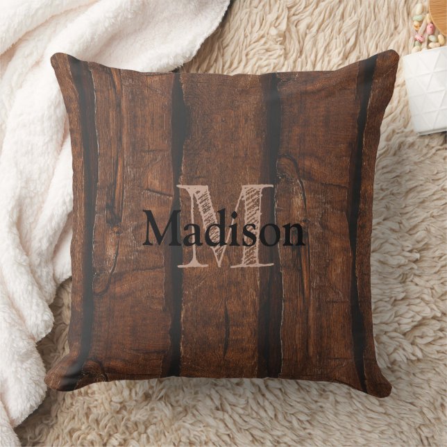 Coussin Monogramme de bois ancien brun foncé rustique (Couverture)