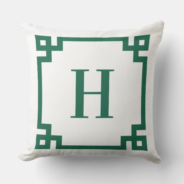 Coussin Monogramme de bordure clé grecque verte et blanche (Recto)