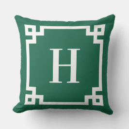 Coussin Monogramme de bordure clé grecque verte et blanche